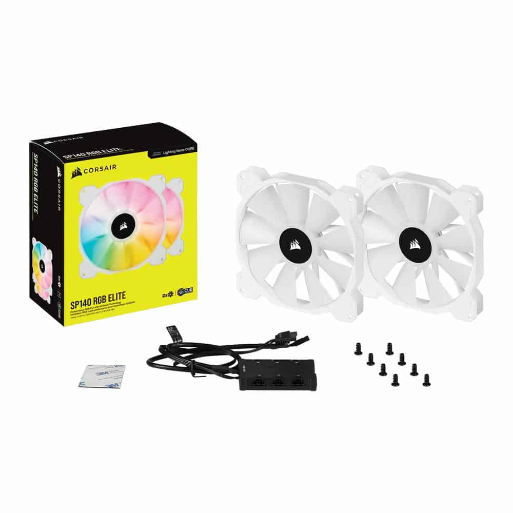 (image for) Corsair iCUE SP140 RGB ELITE White Dual 140mm PWM Fan Expansion Pack with Lighting Node CORE